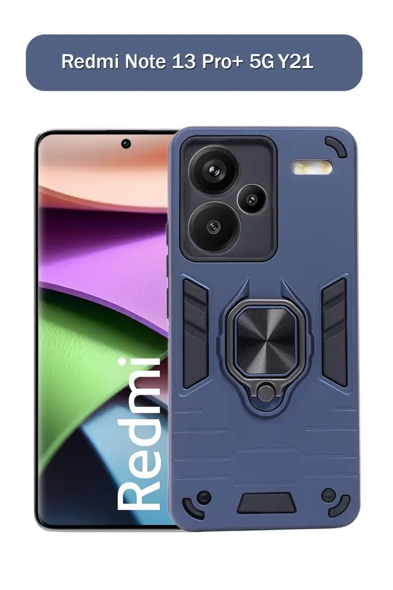 Plastic & Rubber Solid Hard Back Cover Case for Redmi Note 13 Pro+ 5G with Protective Design, 360° Ring Stand, Secure Grip (Steel Blue)