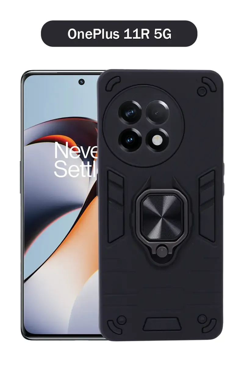 Plastic & Rubber Solid Hard Back Cover Case for OnePlus 11R 5G With Protective Design, 360° Ring Stand, Secure Grip (Black)