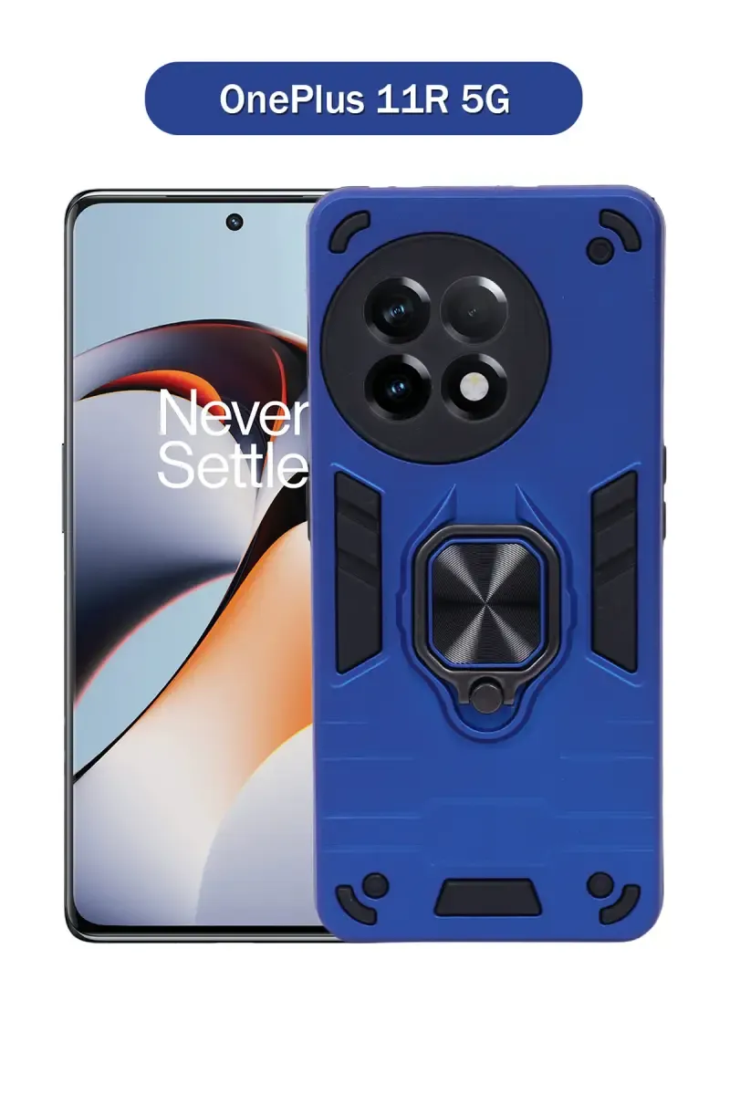 Plastic & Rubber Solid Hard Back Cover Case for OnePlus 11R 5G With Protective Design, 360° Ring Stand, Secure Grip (Blue) 025648ONE11R5GBLU