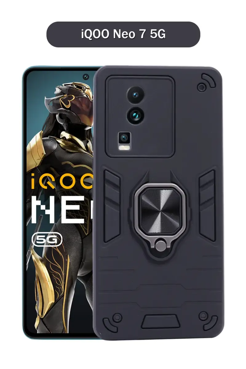 Plastic & Rubber Solid Hard Back Cover Case for iQOO Neo 7 5G With Protective Design, 360° Ring Stand, Secure Grip (Black)