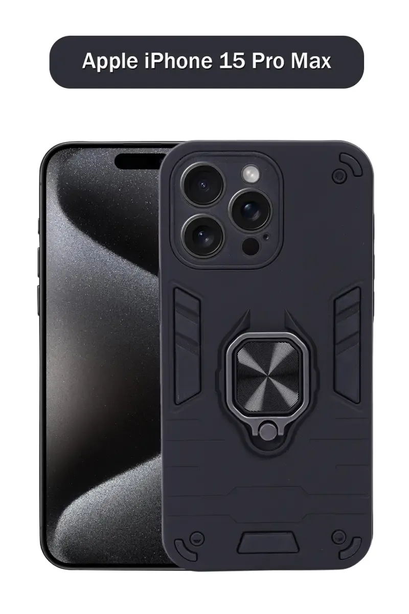 Plastic & Rubber Solid Hard Back Cover Case for Apple iPhone 15 Pro Max With Protective Design, 360° Ring Stand, Secure Grip (Black) 025676APPIPH15PROMAXBLA