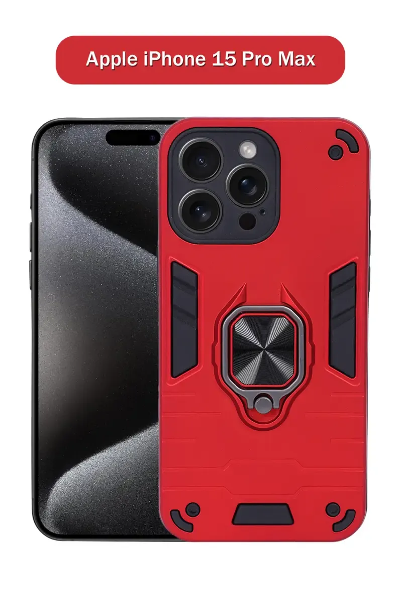 Plastic & Rubber Solid Hard Back Cover Case for Apple iPhone 15 Pro Max With Protective Design, 360° Ring Stand, Secure Grip (Red)