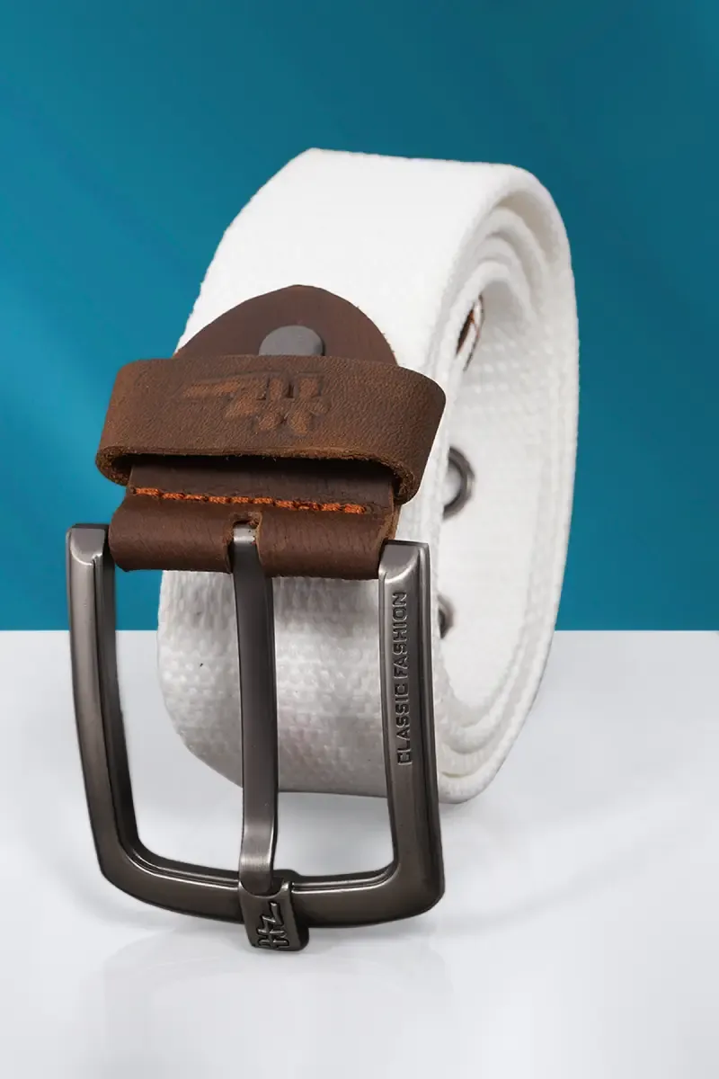 White Canvas Textured Belt for Men