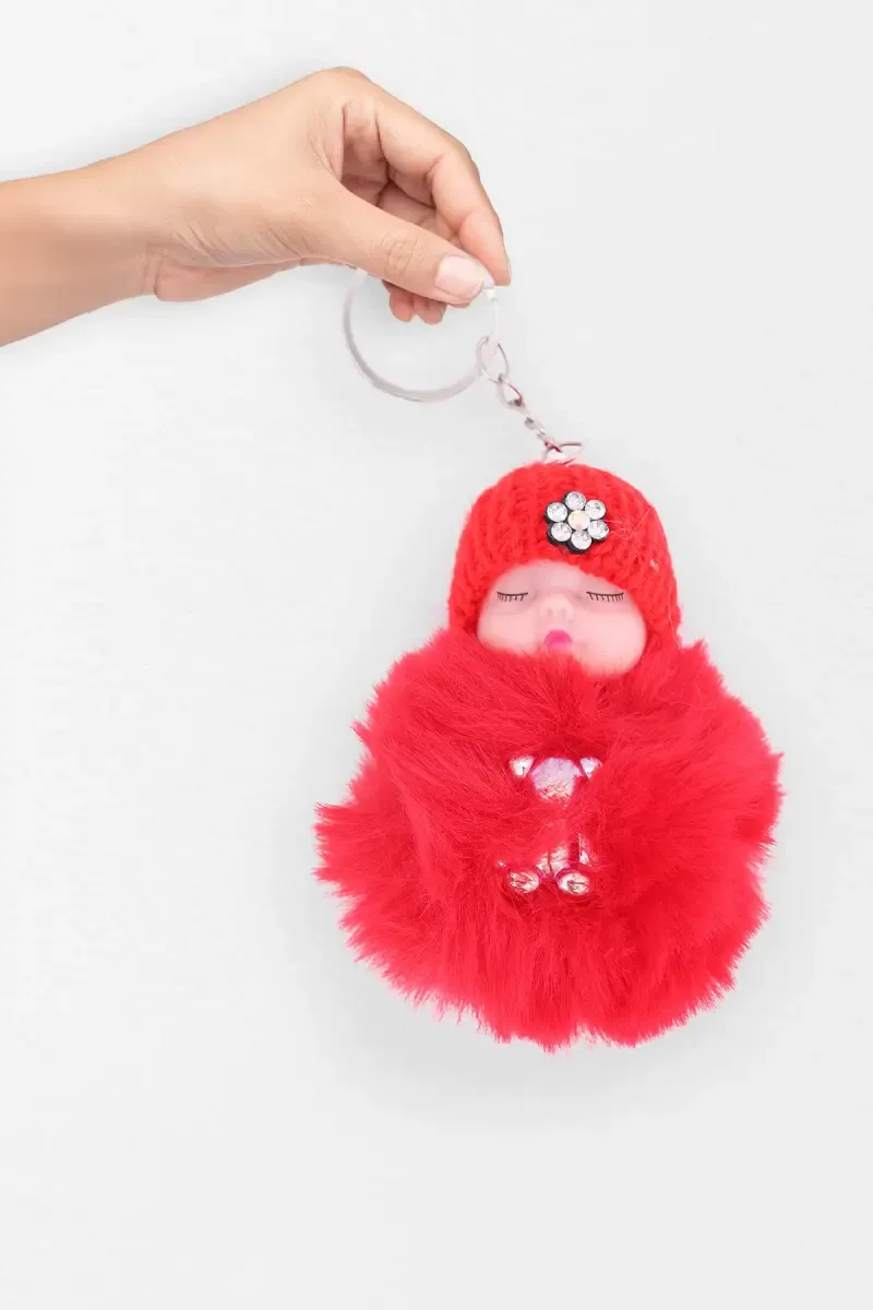 Fluffy Fur Pompom Sleeping Baby Doll Keychain  