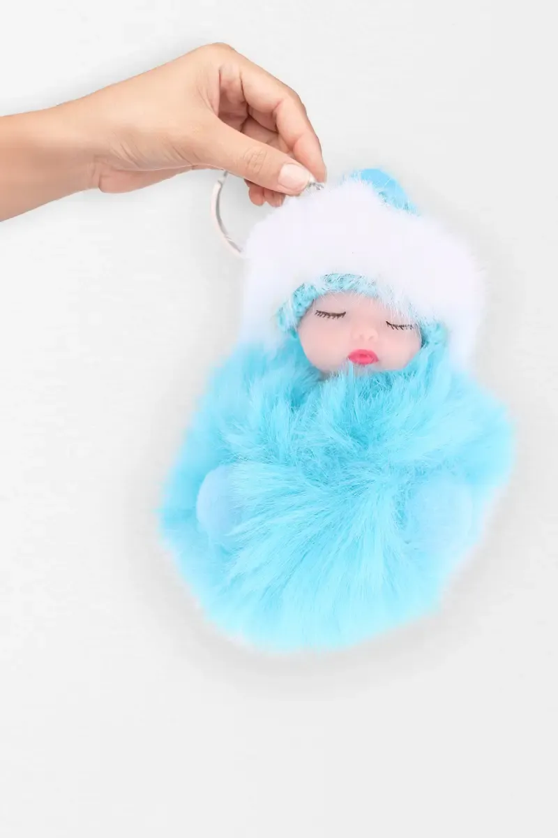 Fluffy Fur Sleeping Baby Doll Keychain