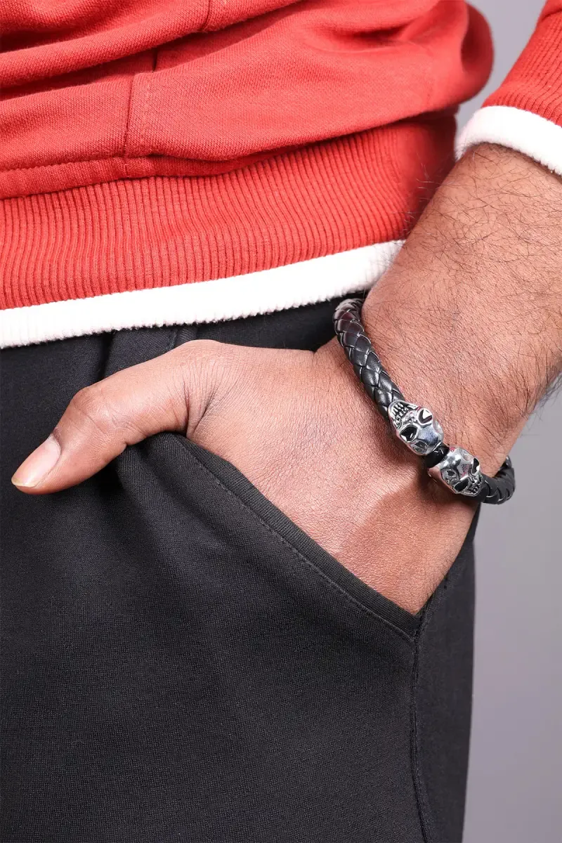 Skull Charm Leather Braided Bracelet for Men