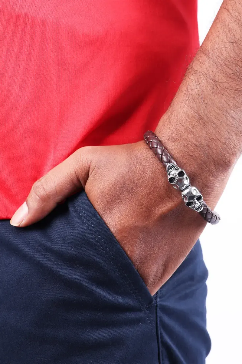 Skull Charm Leather Braided Bracelet for Men