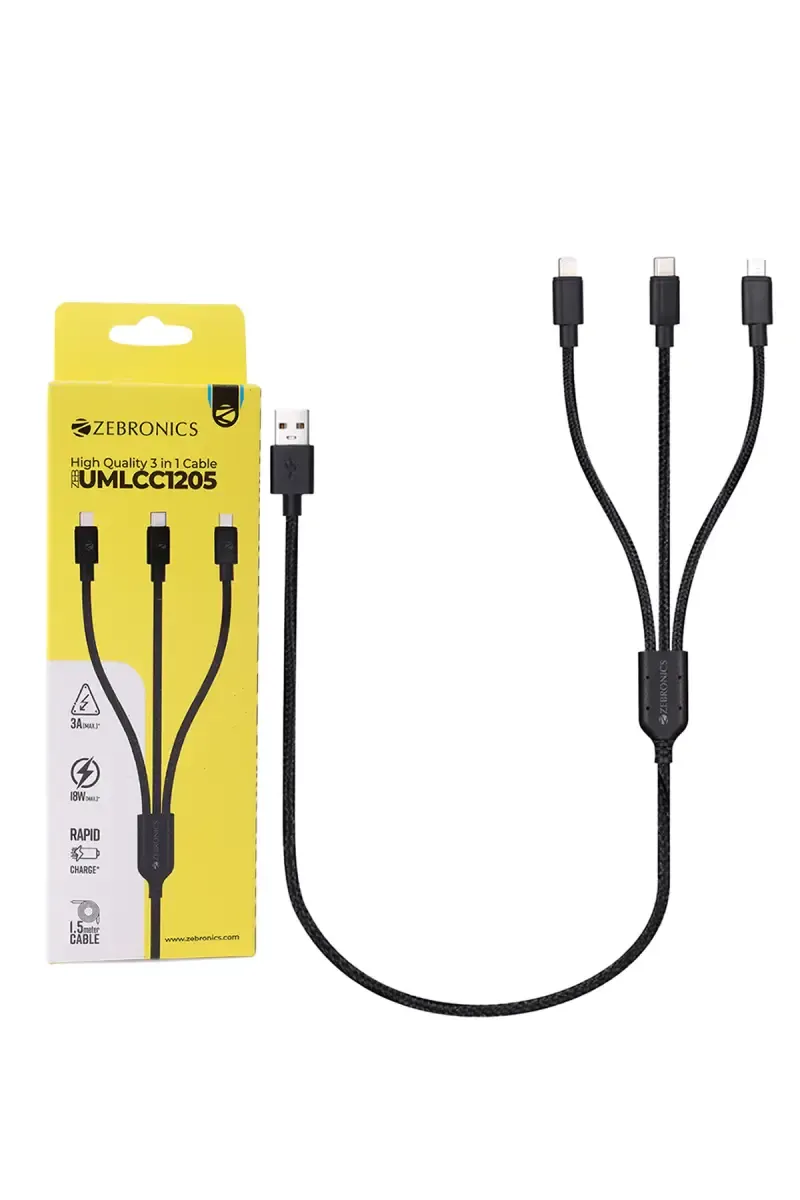 Zebronics 3-in-1 Cable 1.5m USB to Lightning, Type-C & Micro USBUMLCC1205