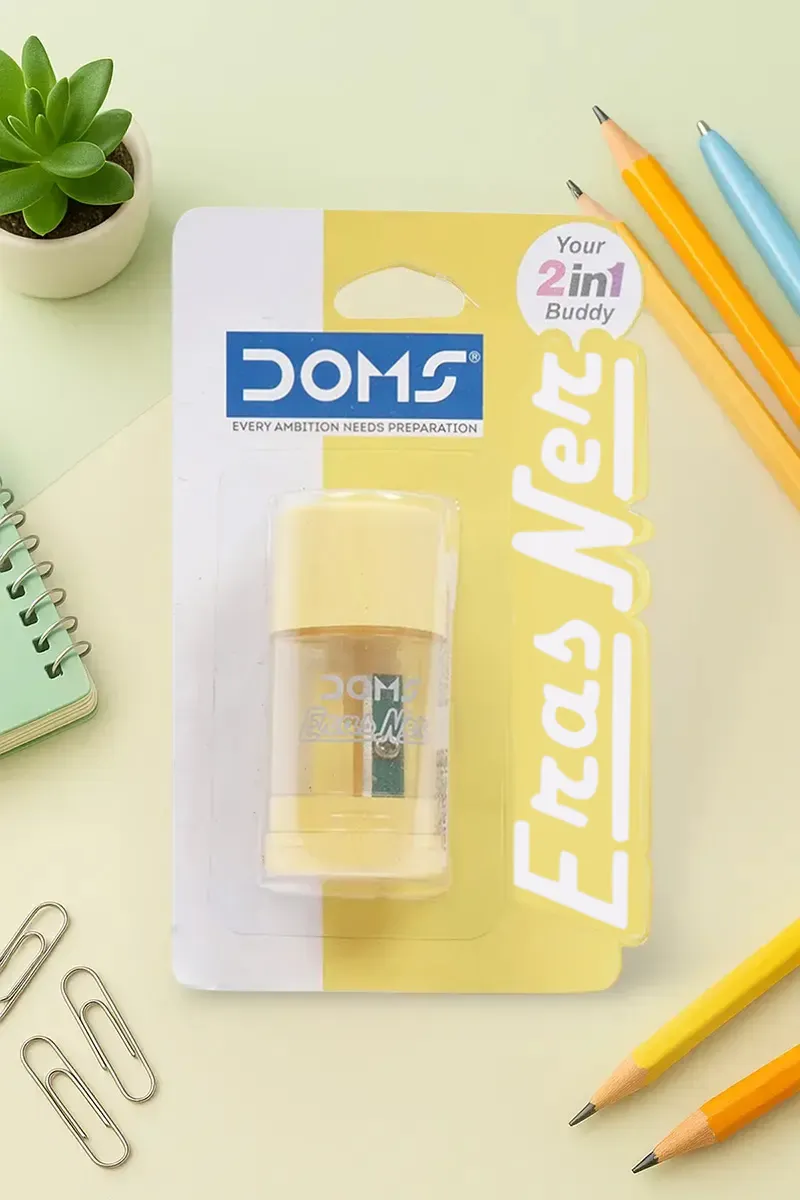 Doms 2 in 1 Eraser & Sharpener (Yellow) - Pack of 1
