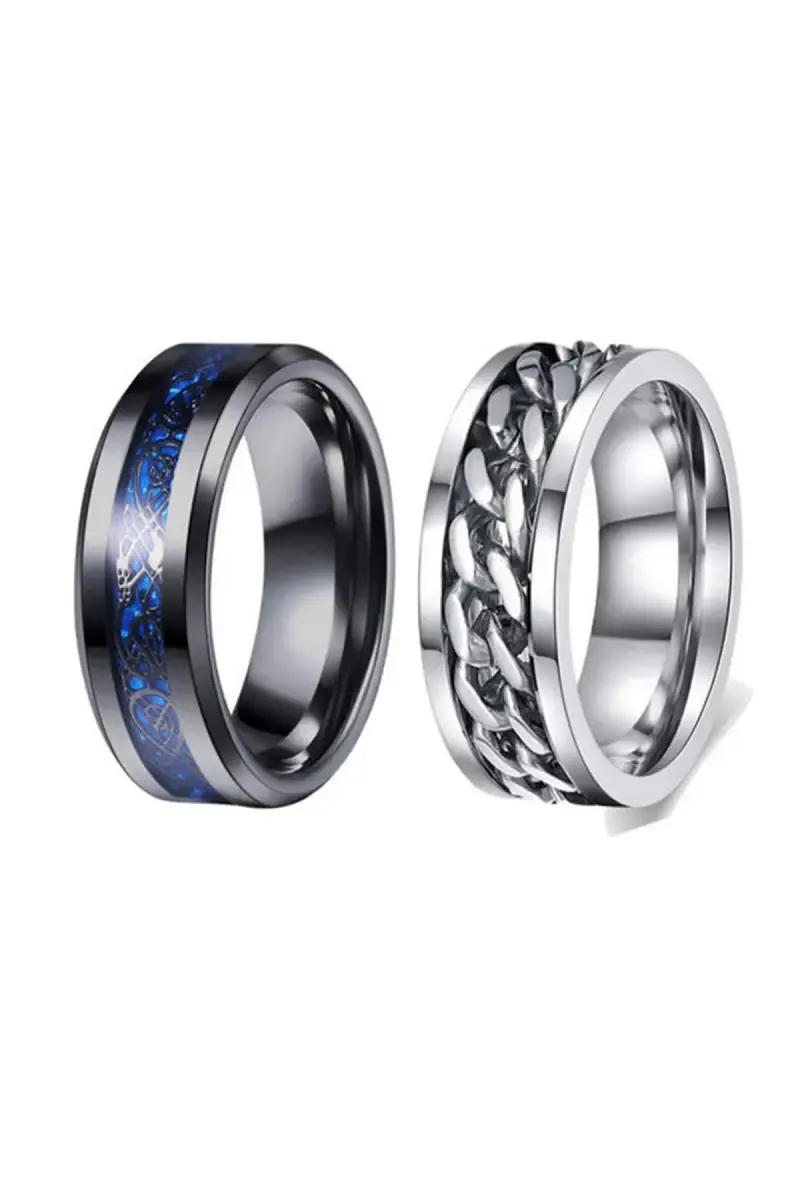 Men’s Dual Style Ring Set – Celtic Blue Inlay & Chain Link Design