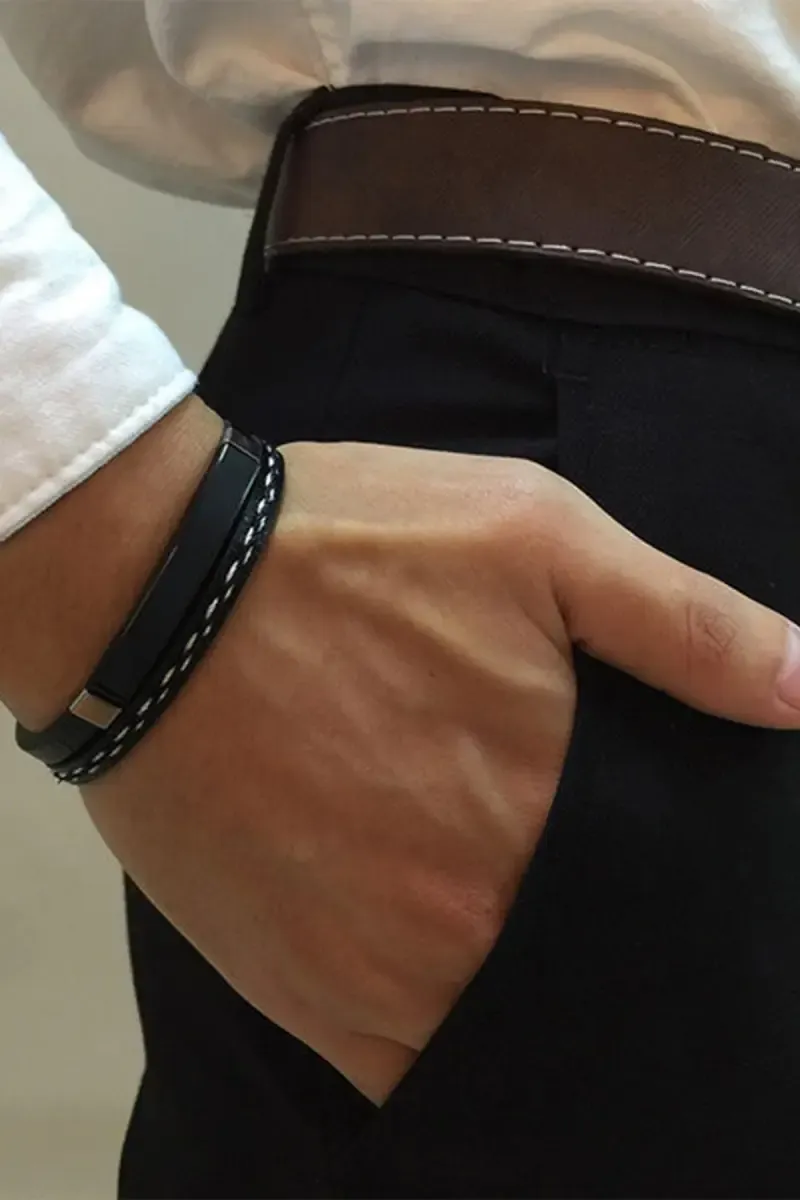 Stylish Black Leather Wristband with Metal Accent for Men