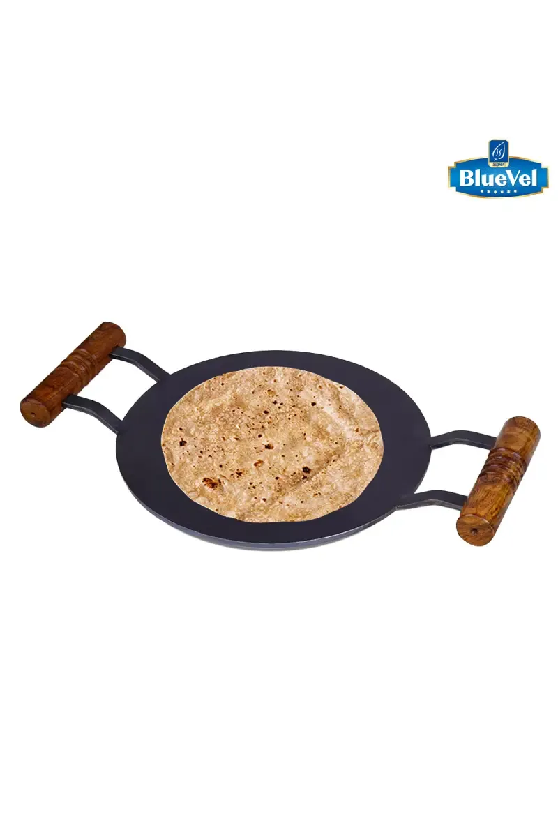 Bluevel 100% Pure Sheet Iron Round Tawa with Wooden Handle, Toxin-Free, Pre-Seasoned, Induction & Gas, 12 Inch