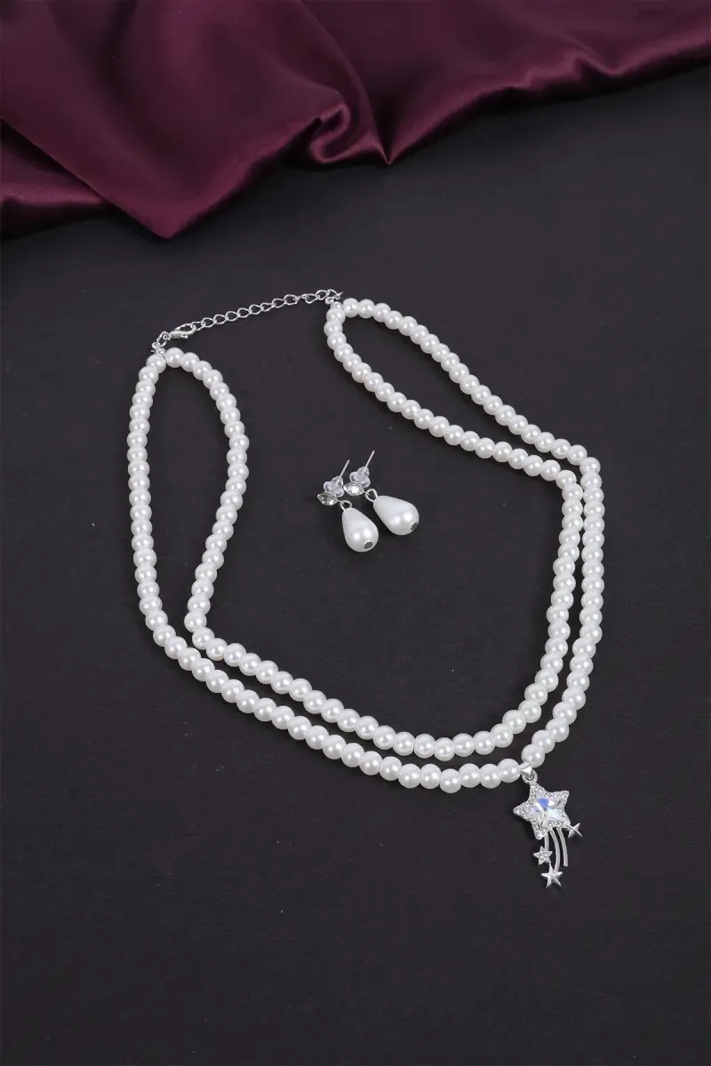 Double-Layered Star Pendant Pearl Necklace Set for Women
