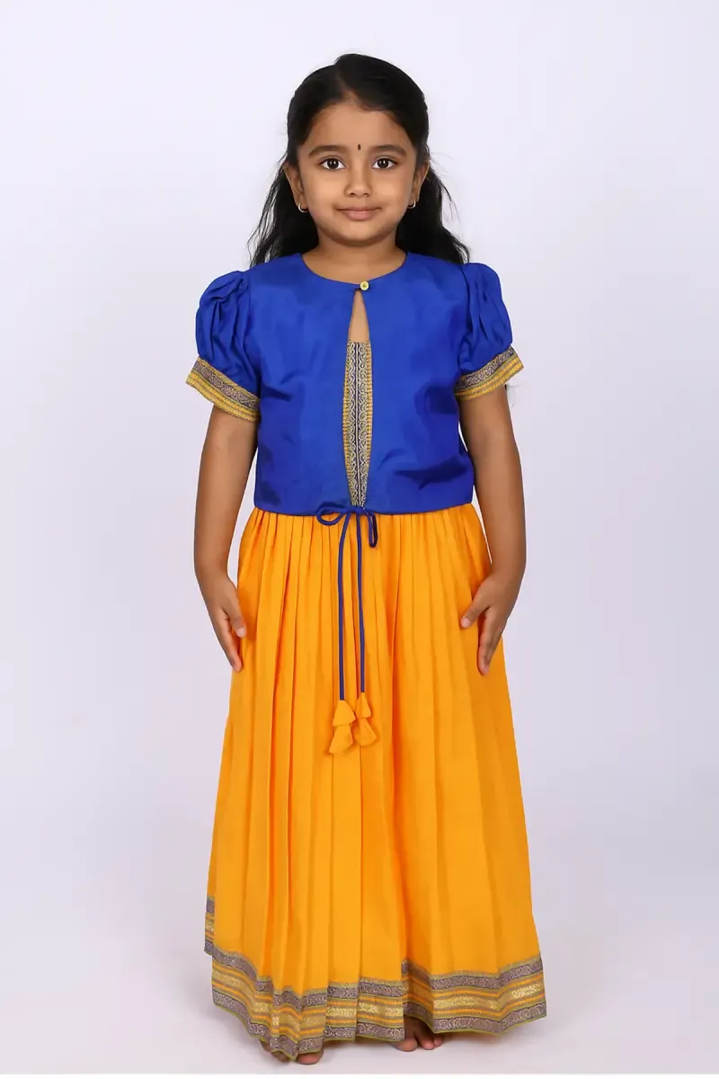 Cotton Pattu Pavadai Set with Puff Sleeve Shrug for Girls - Yellow 03348789YRSYEL