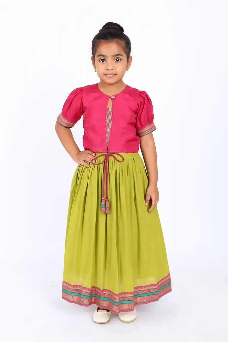 Cotton Pattu Pavadai Set with Puff Sleeve Shrug for Girls - Green 033487910YRSGRE