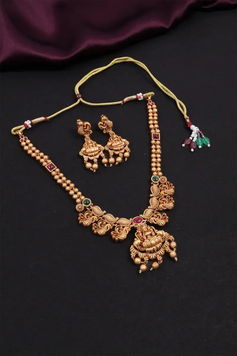 Matte Antique Lakshmi and Peacock Necklace Set for Women