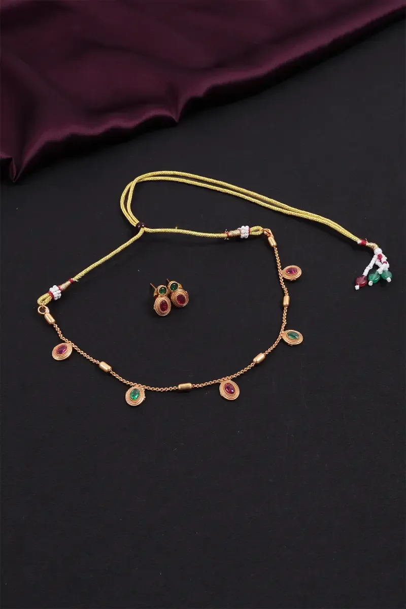 Gold Plated Oval Stone Charm Necklace Set for Women
