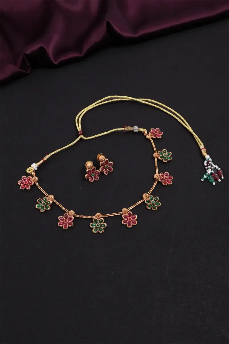Gold Plated Floral Stone Charm Necklace Set for Women