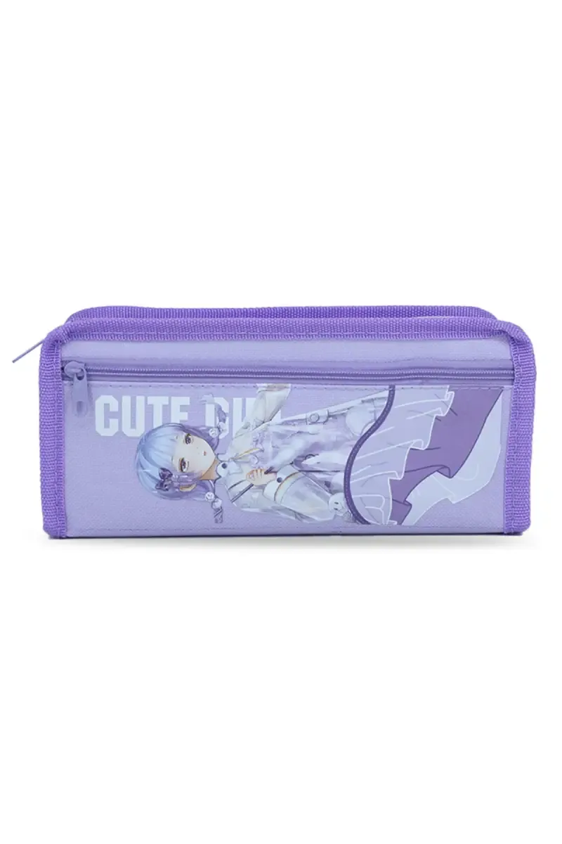 Cute Girl Cartoon Printed Pencil Pouch - Lavender 033905LAV