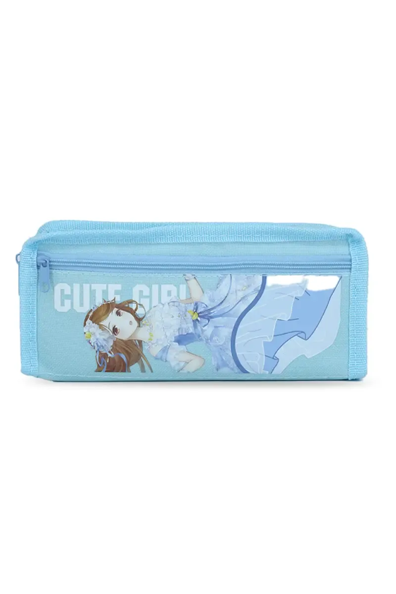 Cute Girl Cartoon Printed Pencil Pouch - Sky blue 033905SKYBLU