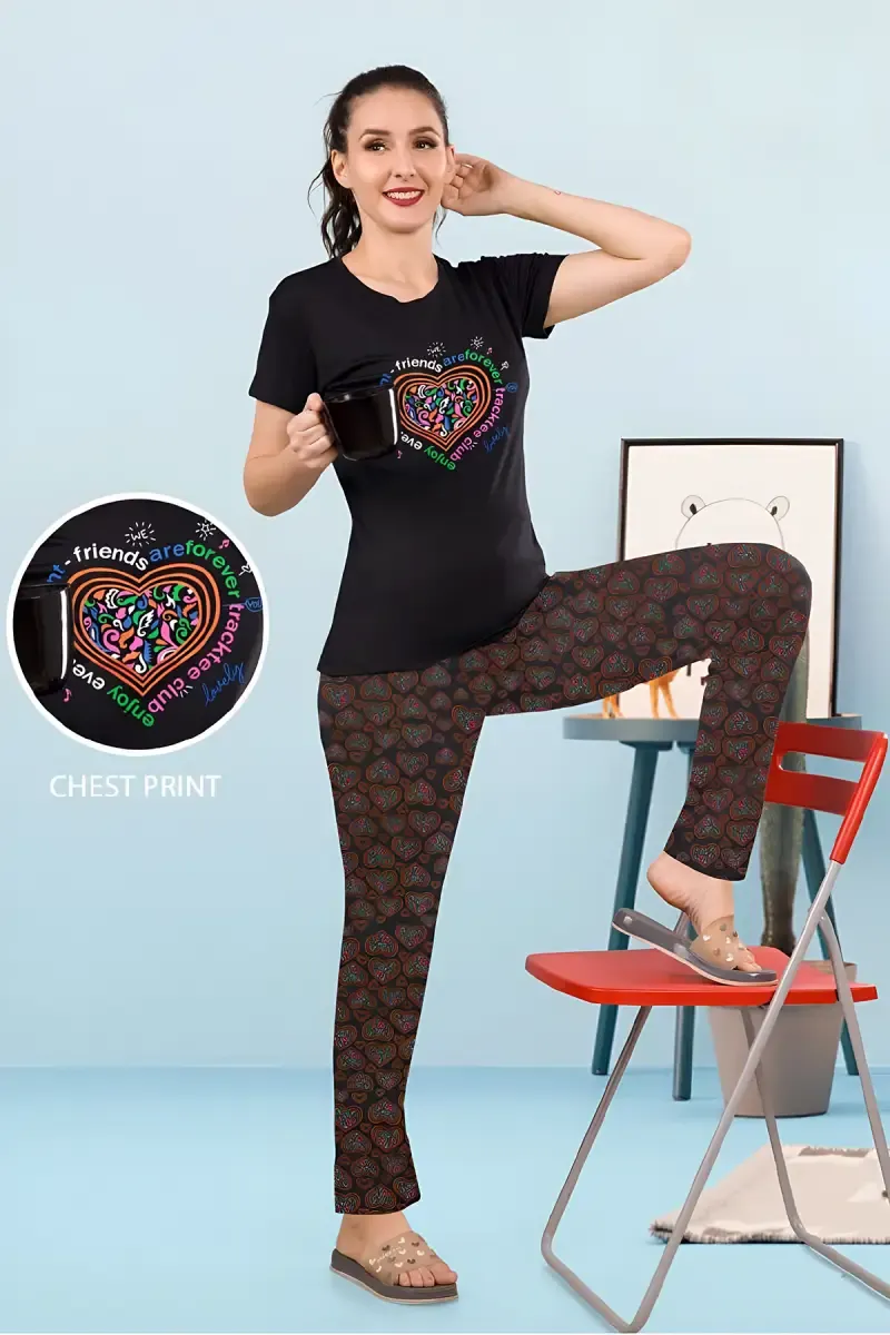Cotton Printed T-Shirt with Pyjama Set for Women 034283BLAXXL