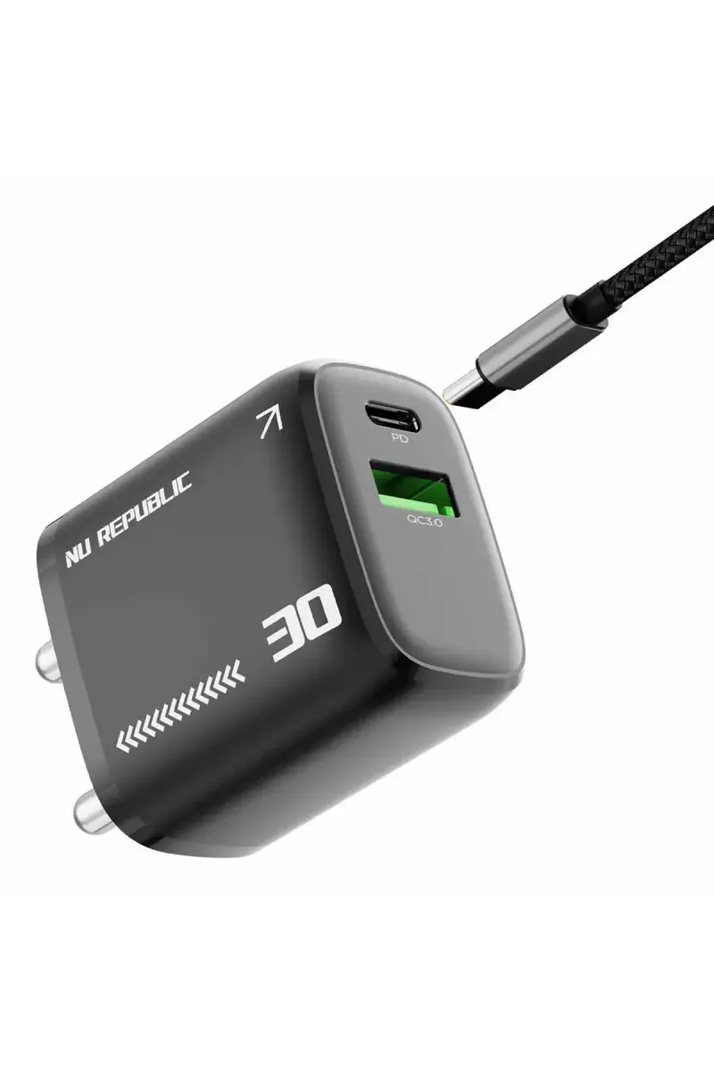 Nu Republic Cybotron 30W USB Type-A and Type-C Double Port Charging Adapter with Type C Cable (Black)