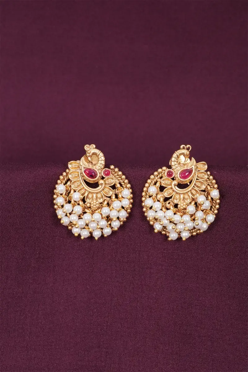 Peacock Motif Pearl Stud Earrings for Women
