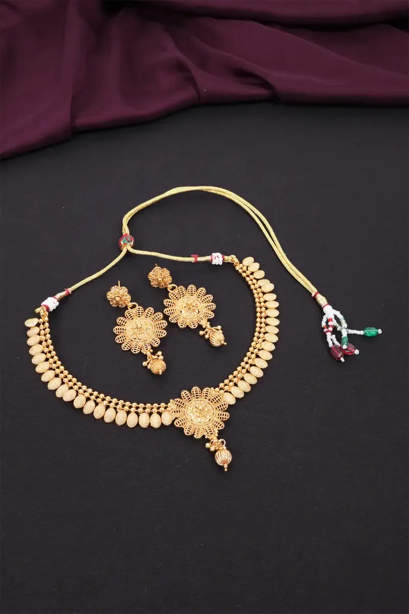 Matte Antique Floral Necklace & Earrings Set for Women