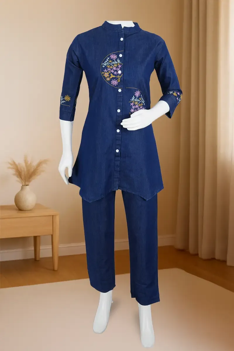 Denim Embroidered Co-ord Set for Women