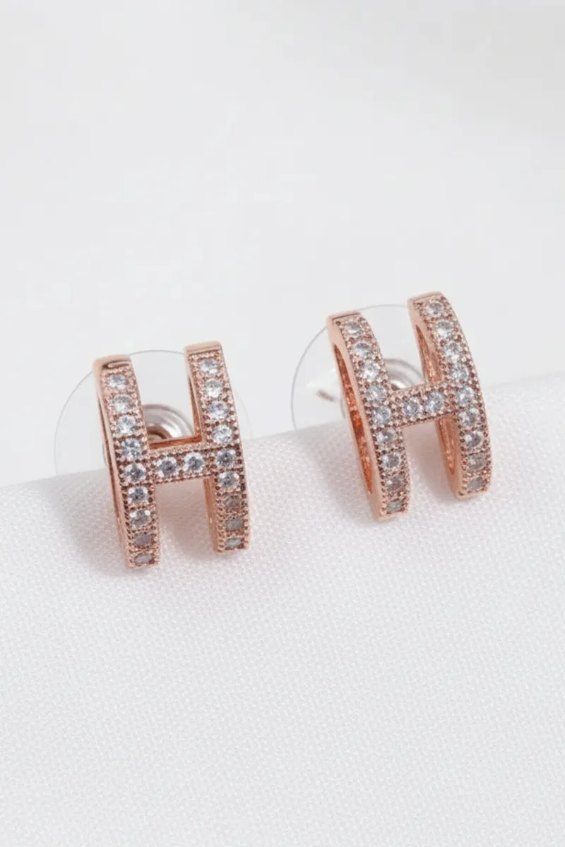 Rose Gold H Initial CZ Stud Earrings for Women