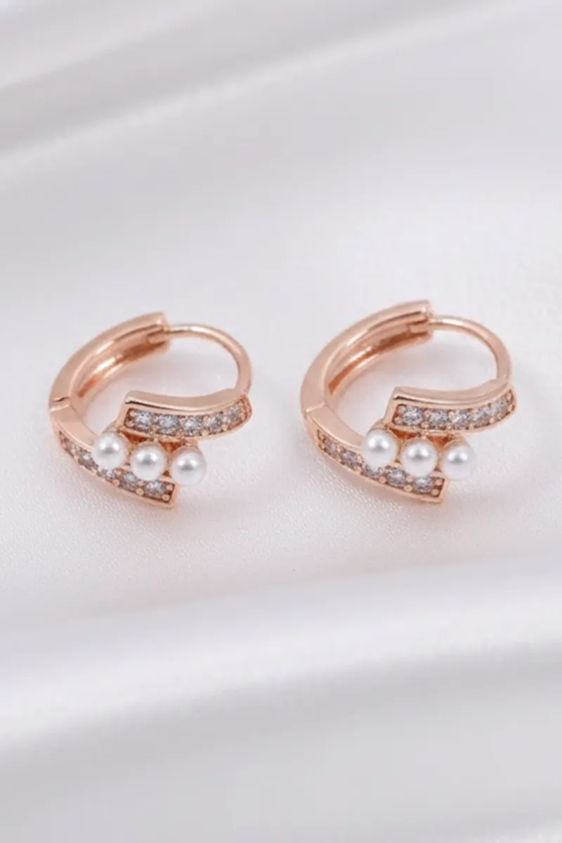 Gold Stud Hoop Earrings with Pearls & CZ Stones for Women