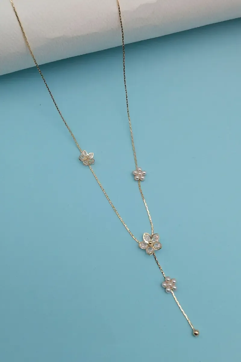 Floral Pendant Necklace for Women - CZ Stones and Pearl Detailing