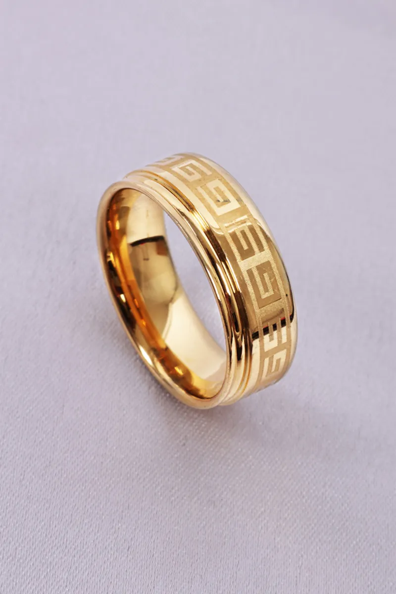 Gold Plated Band Ring Men - Greek Key Design 