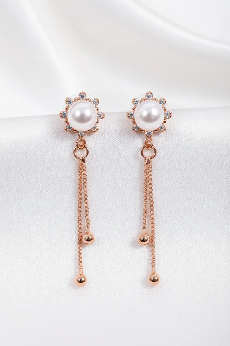 Pearl Floral Dangle Chains Earrings for Women 035481GOL12