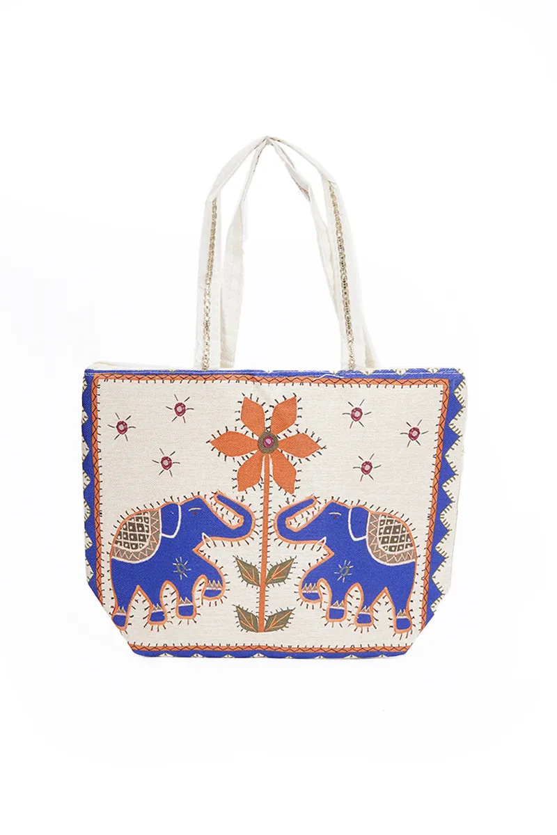 Ethnic Hand Bag with Elephant & Floral Design 036128BLU