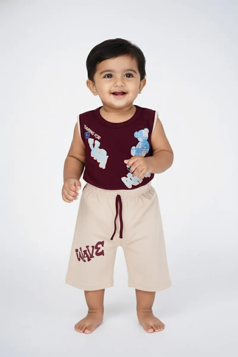 Boy's Cotton Printed Vest with Shorts Set - Burgundy 036470BUR45YEA