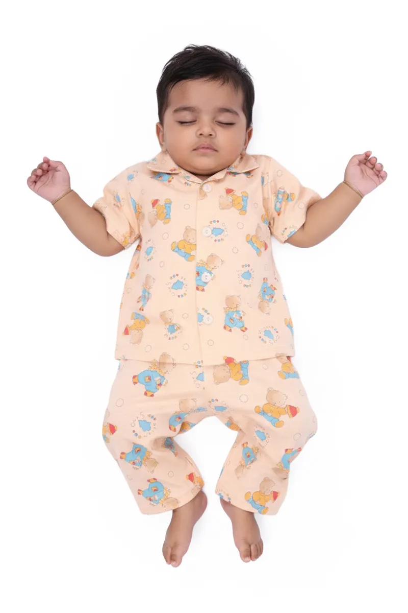 Cotton Printed Pyjama Set for Baby Boy - Tan