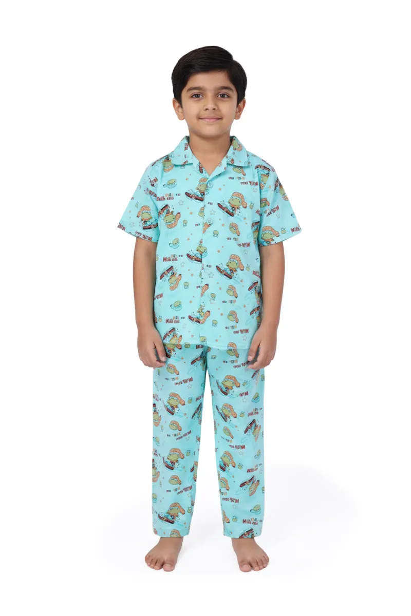 Boy's Cotton Printed Pyjama Set - Aqua 036497AQU89YEA