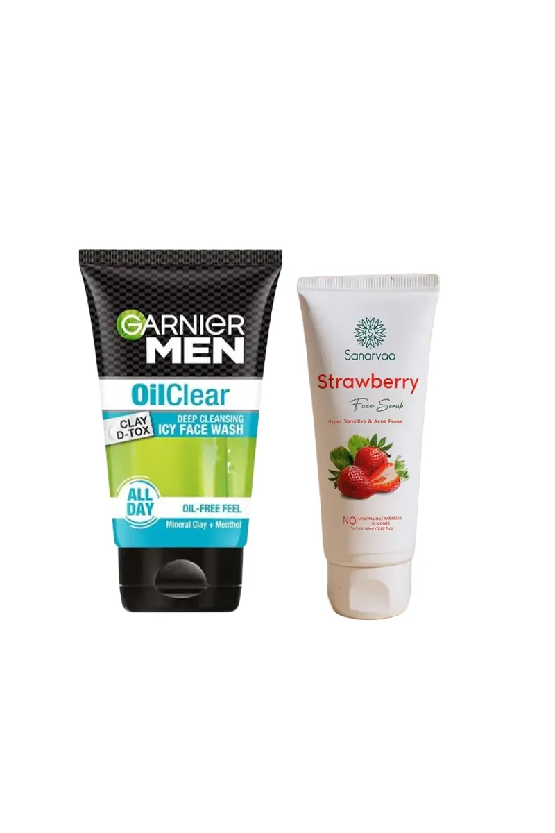 Oil Control & Exfoliation Combo (Garnier Men Clay Face Wash + Sanarvaa Strawberry Face Scrub)