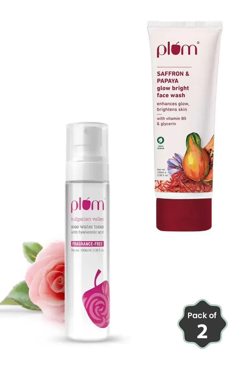 Plum Saffron & Papaya Glow Face Wash + Bulgarian Rose Water Toner Combo 
