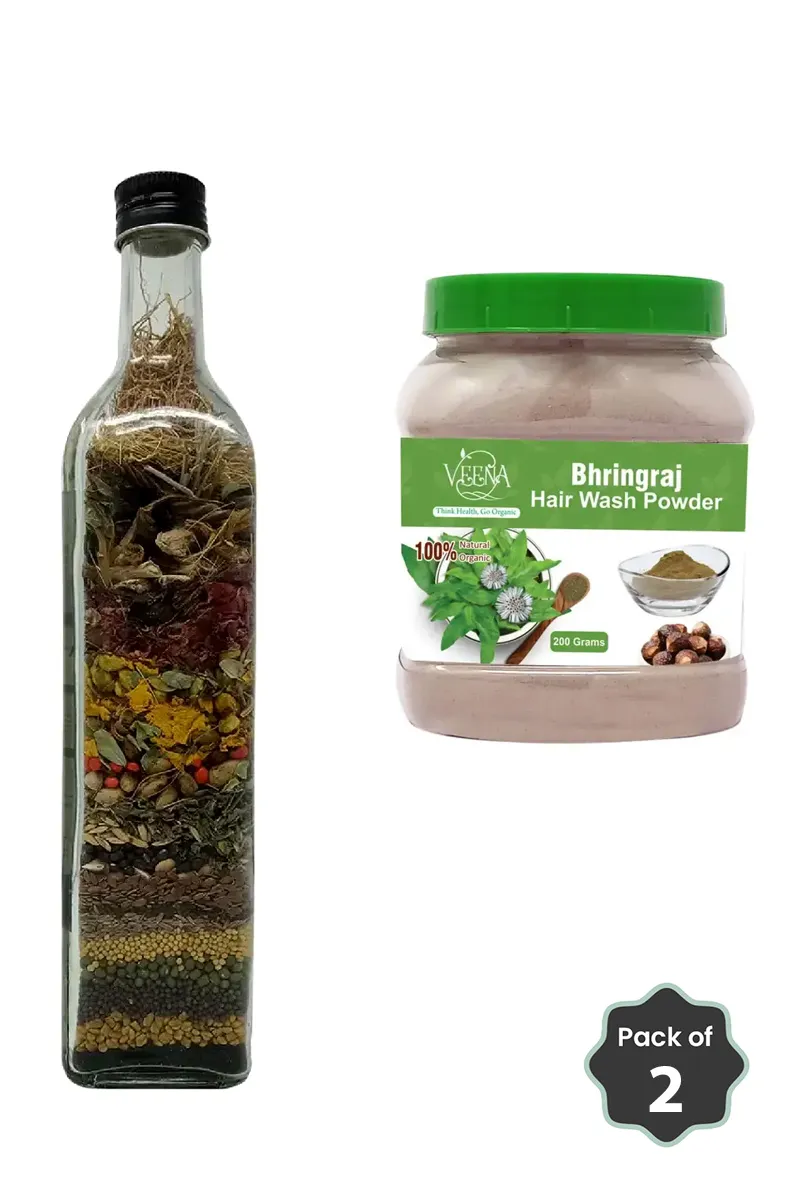 Veena Natural Bringaraj Hair Wash Powder + 50 Ayurvedic Herbs Hair Oil Mix Combo 2