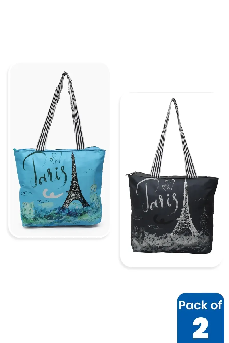 Eiffel Tower Printed Tote Bags for Girls - Pack of 2