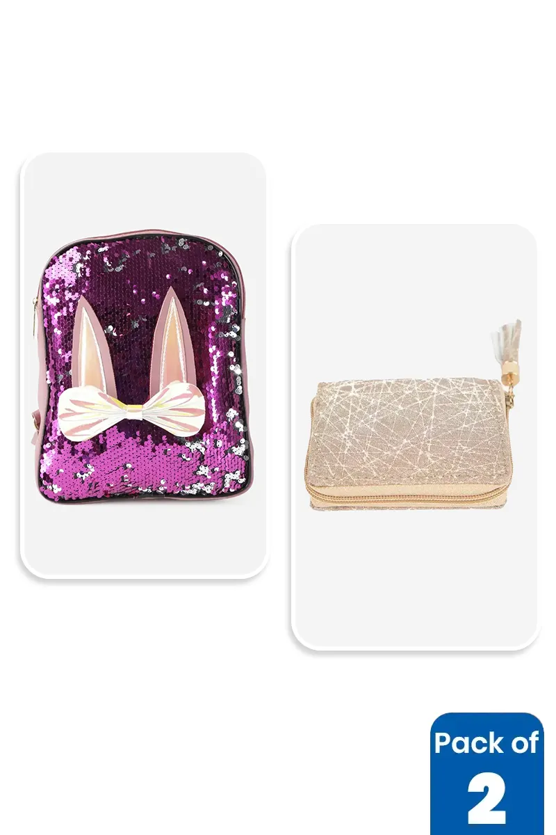Sequin Bunny Mini Backpack & Glitter Purse Combo for Girls BGCOMBO00110MUL