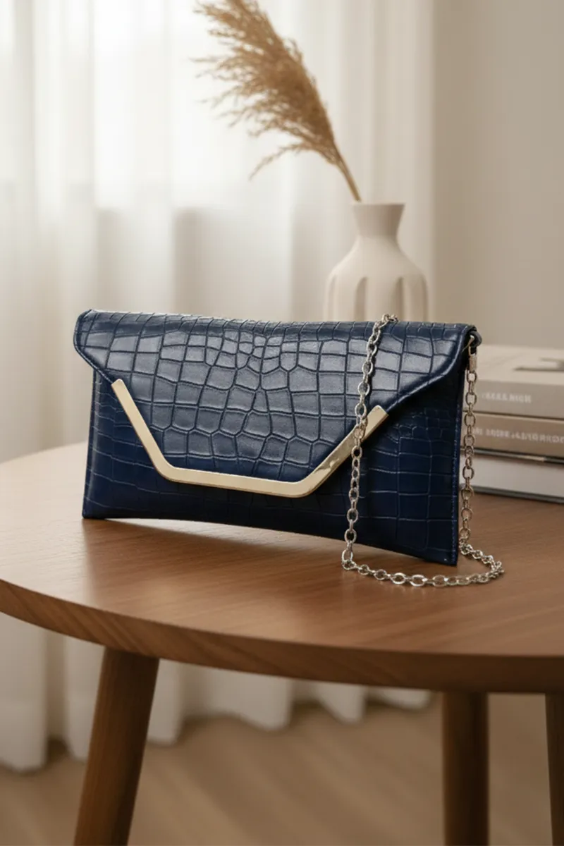 Croc-Textured Envelope Clutch with Chain Strap for Women
