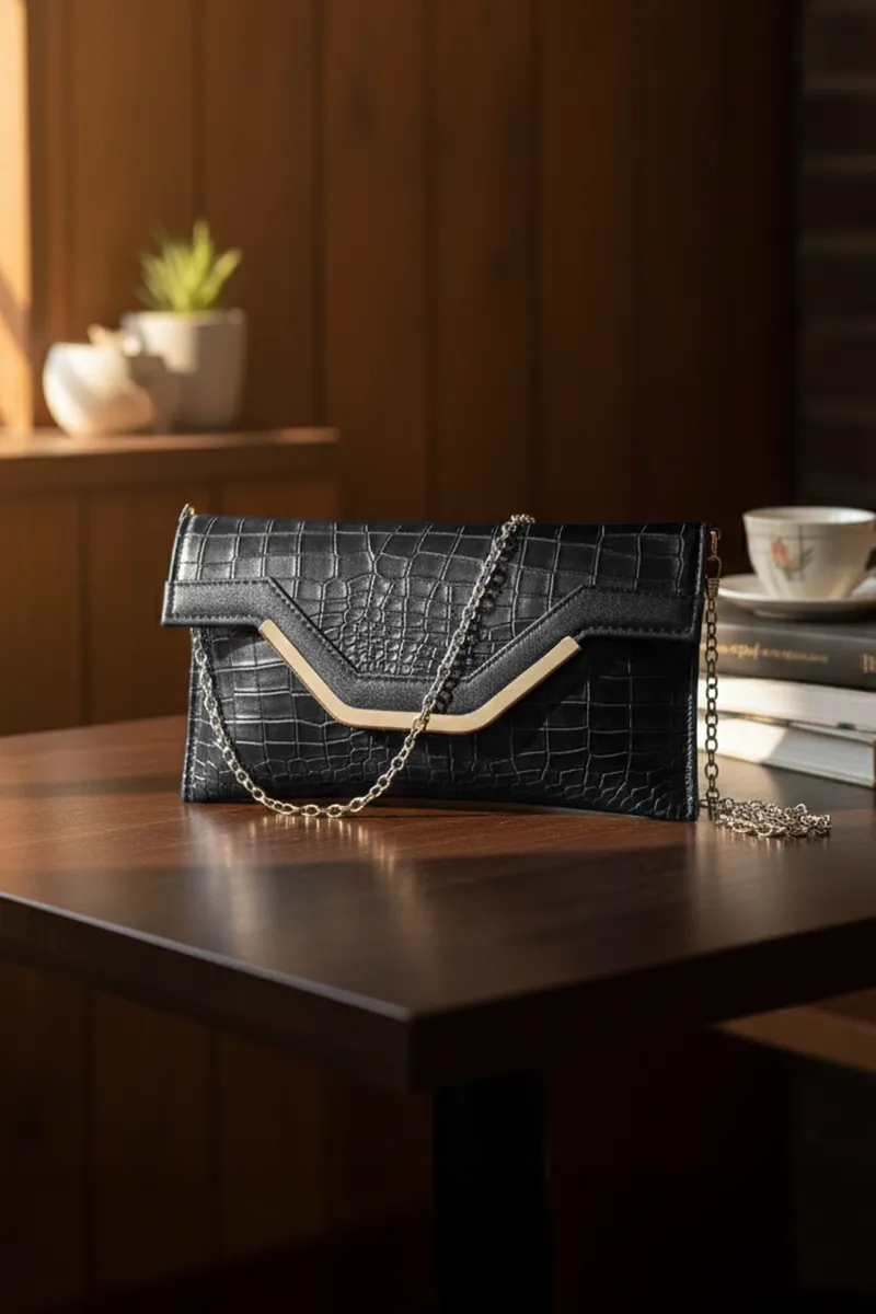 Croc-Textured Envelope Clutch with Chain Strap for Women BGS000006BLA