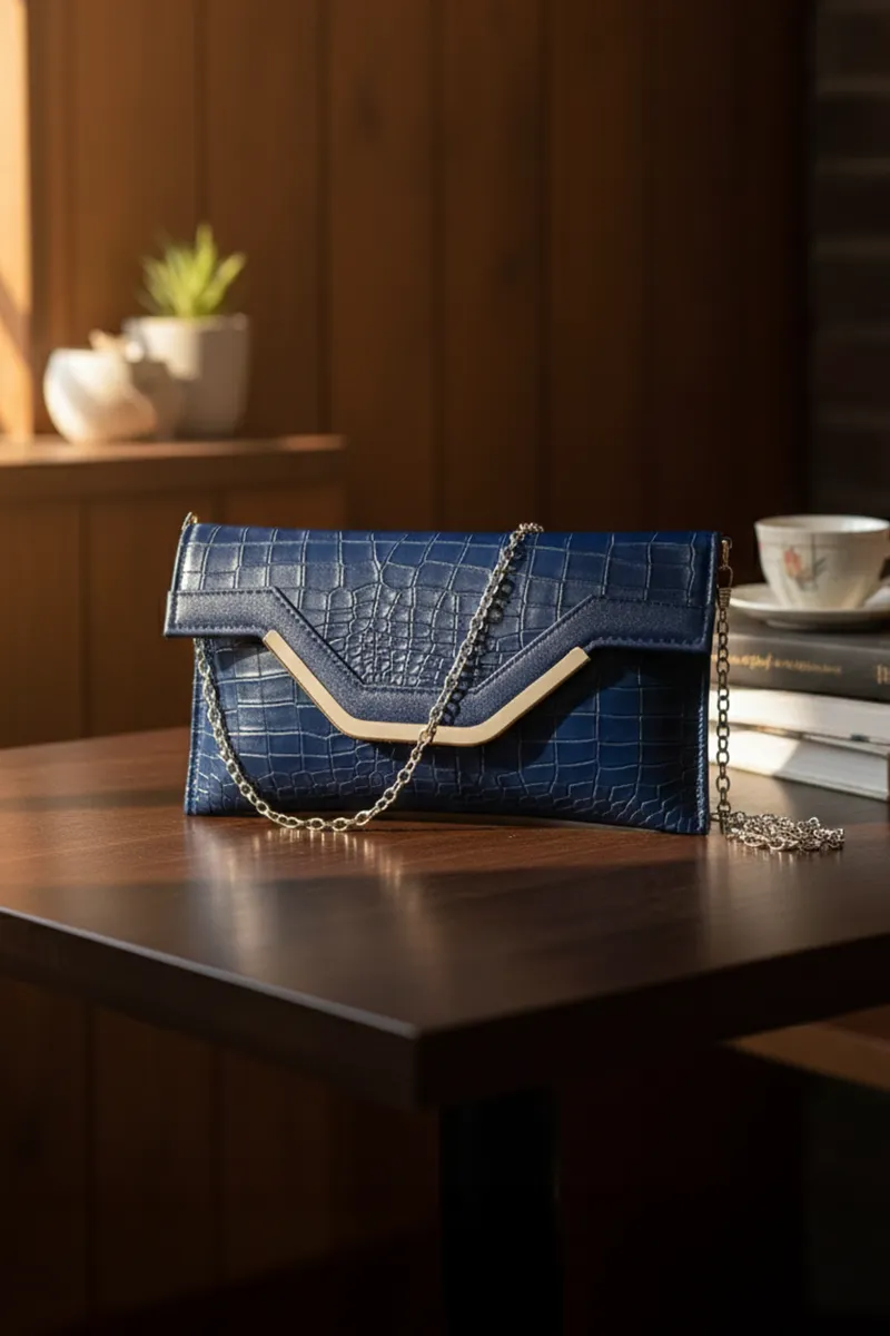 Croc-Textured Envelope Clutch with Chain Strap for Women