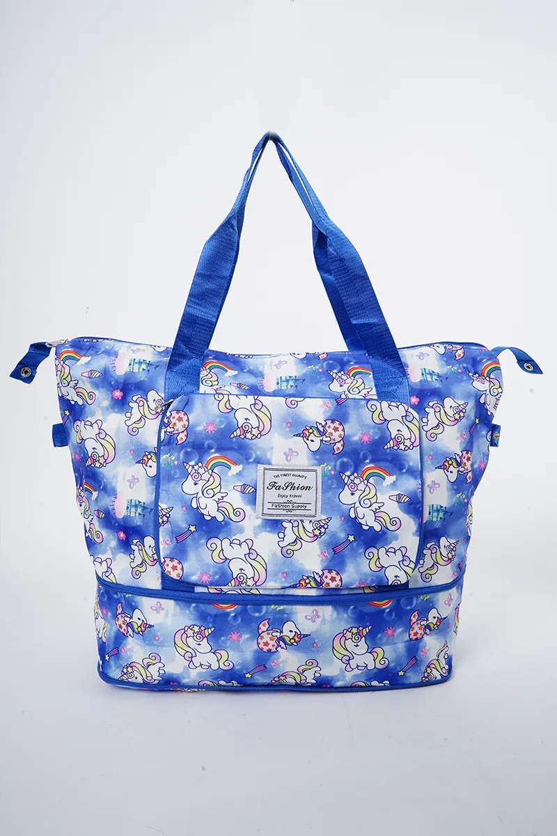 Unicorn Printed Folding Travel Hand Bags for Women BGT000002BLU