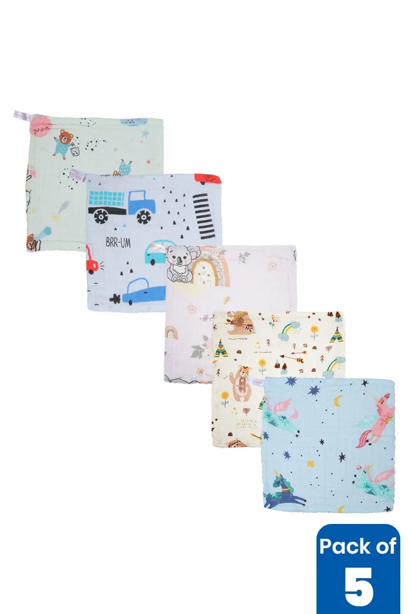 Pack of 5 Printed Muslin Hankies for Babies