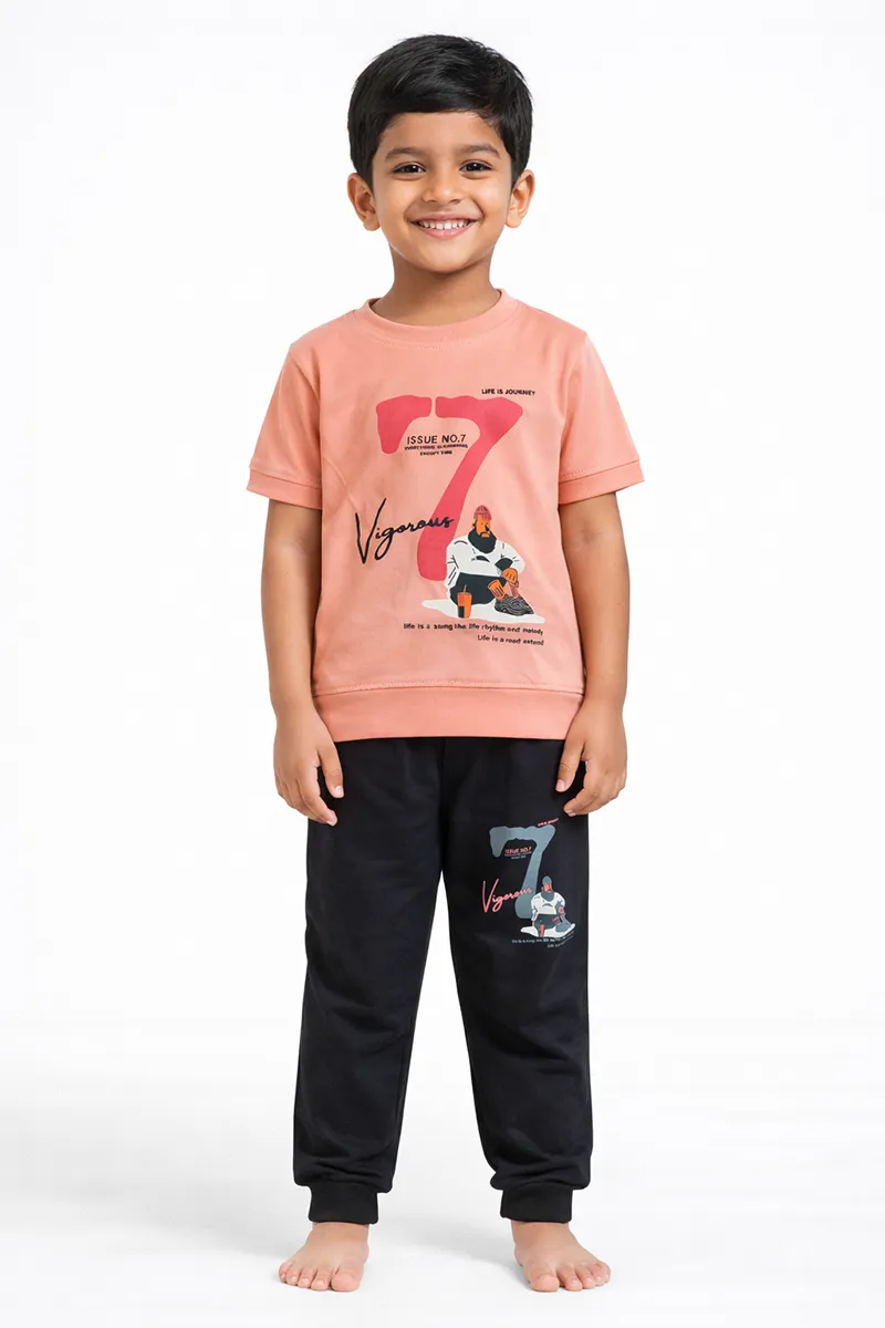 Printed T-Shirt and Pant Set for Boys - Peach