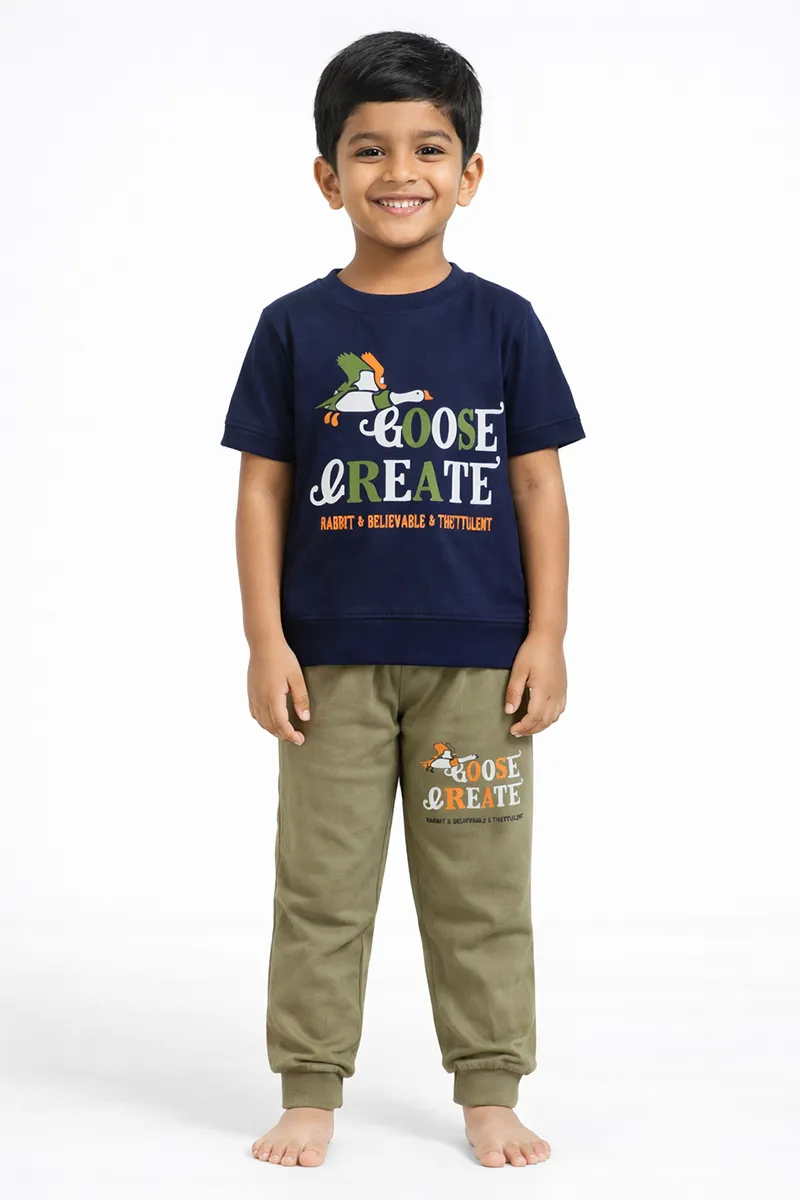 Printed T-Shirt and Pant Set for Boys - Navy Blue